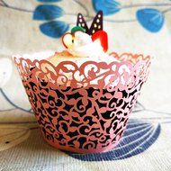 PONATIA 50 Vine Filigree Lace Cupcake Wrapper Wraps Liner Wedding Party Cake Decoartion (Pink) N9