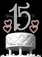 Deluxe Quinceanera 15 Number Cake Topper, In Rhinestone Crystals Cake Pick Set - Plus 2 Double Gorgeous Pink Hearts...