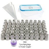 90 pcs Russian Piping Tips Set - 60 Icing Tips (XXL Size) + 30 Piping Bags (Made in USA) + FREE Tricolor Coupler... N5