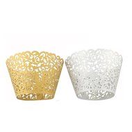 Bonayuanda Pack of 50 Filigree Vine Cupcake Wrappers Wraps Liner Wedding Party Cake Decoartion Gold+White N7