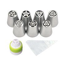 PALOTOP Russian Piping Tips 18-Pcs Set (7 Russian Tips 10 Disposable Pastry Bags 1 Tri-Color Coupler) N3