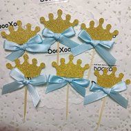 DOOXOO Crown Cupcake Toppers Blue Bow Gold First birthday party 12 Party cake toppers Gold glitter cupcake toppers... N2