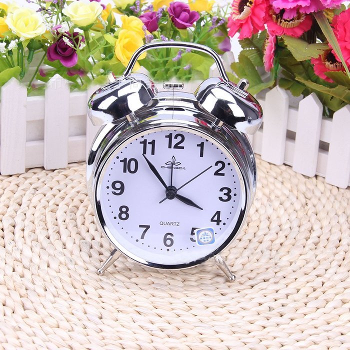 Surborder Shop Mute 4 inch metal Twin Bell Analog Alarm Clock Loud Alarm Clock- Silver & White