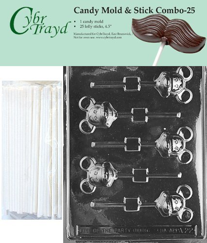 Cybrtrayd 45St25-A022 Mouse Lolly (Mickey) Chocolate Candy Mold with 25 Cybrtrayd 4.5" Lollipop Sticks