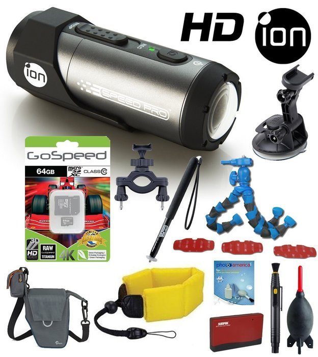 iON Speed Pro Action Camera w/ Automotive and Bike Mounts + iON Adhesive Pack 64GB Memory Card, iON Adhesive Pack...