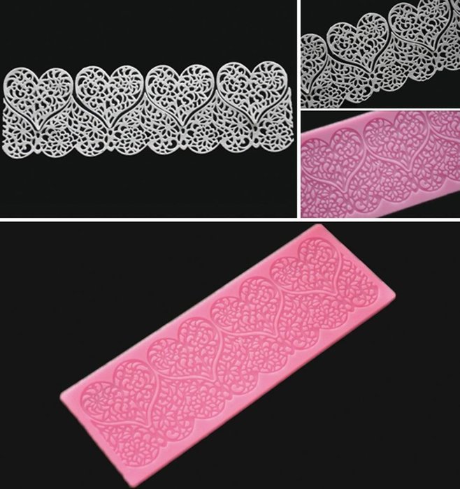 FOUR-C Embossed Silicone Mat Heart Lace Mould Fondant Cake Decor Pad Color Pink N2