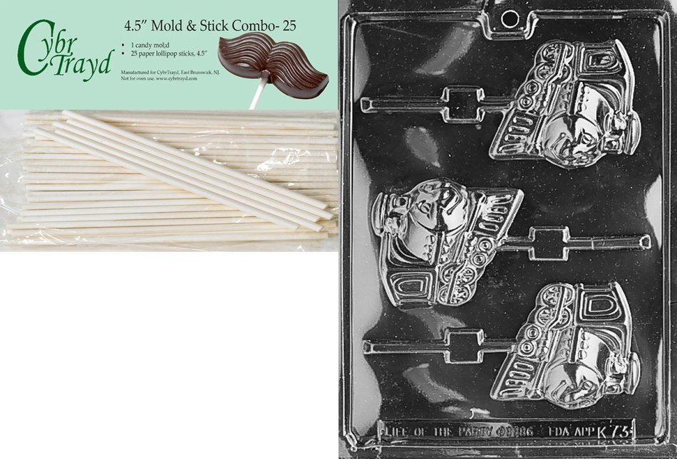 Cybrtrayd 45St25-K073 Happy Train Lolly Kids Chocolate Candy Mold with 25 Cybrtrayd 4.5-Inch Lollipop Sticks