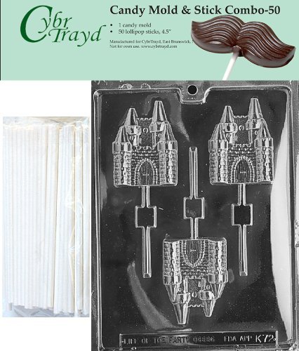 Cybrtrayd 45St50-K072 Castle Lolly Chocolate Candy Mold with 50 Cybrtrayd 4.5" Lollipop Sticks