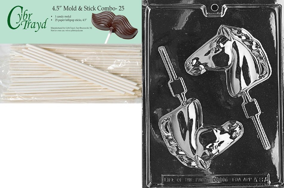 Cybrtrayd 45St25-A087 Horse Head Lolly Animal Chocolate Candy Mold with 25 4.5-Inch Lollipop Sticks