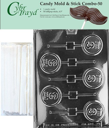 Cybrtrayd 45St50-L025 I'm 3 Lolly Chocolate Candy Mold with 50 Cybrtrayd 4.5" Lollipop Sticks