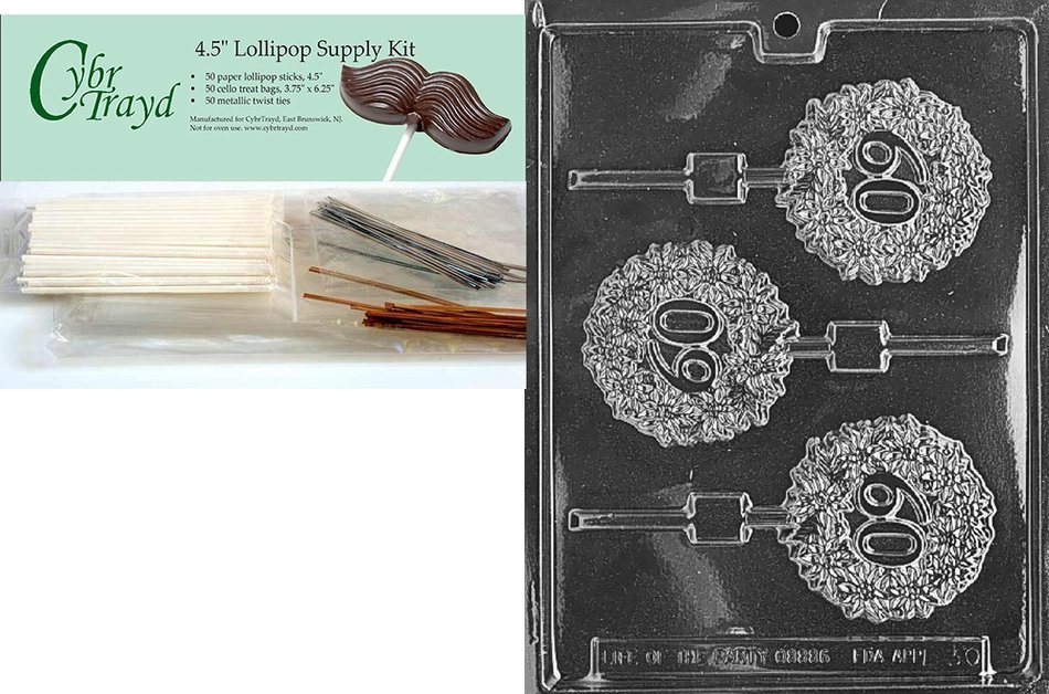 Cybrtrayd 60 Lolly Letters and Numbers Chocolate Candy Mold with Lollipop Supply Bundle of 25 Gold and 25 Silver...