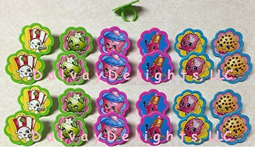 24 SHOPKINS Popcorn Apple Cupcake Lipstick Donut Cookie Party Cupcake Favor Topper Ring NEW!