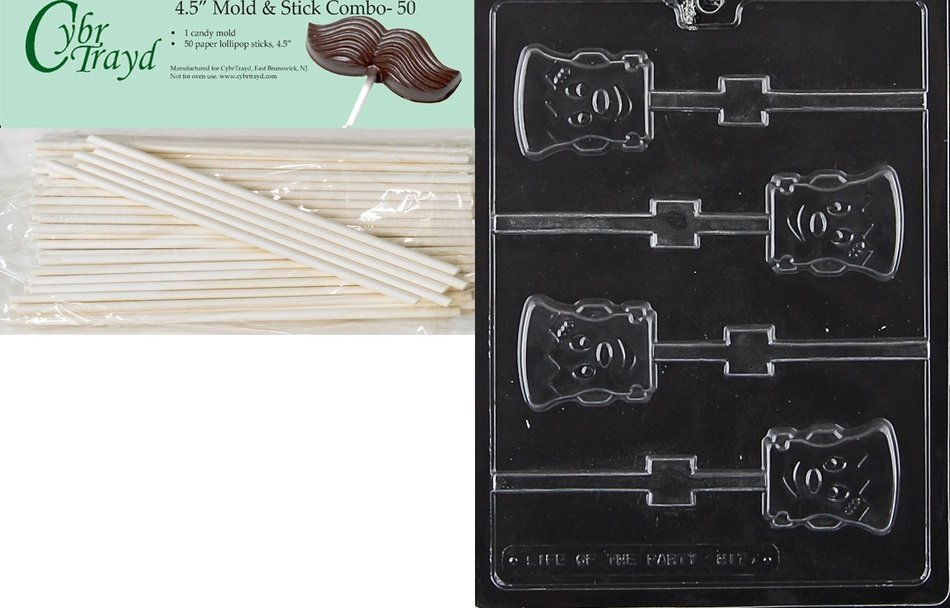 Cybrtrayd 45St50-H170 Cute Frankenstein Lolly Halloween Chocolate Candy Mold with 50 4.5-Inch Lollipop Sticks