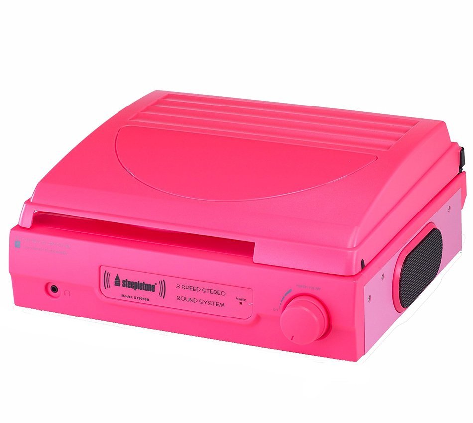 Steepletone ST-9008B Record Player 3 Speed 1980's Style Portable Battery Operated with Mains Adapter (NEON PINK)