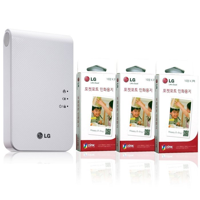[SET] New LG Pocket Photo PD241T Printer [White] (Follow-up model of PD239) + LG Zink Photo Paper [90 Sheets]