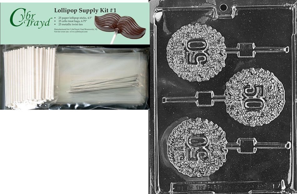 Cybrtrayd 50th Lolly Letters and Numbers Chocolate Candy Mold with Lollipop Supply Bundle of 25 Silver Twist Ties