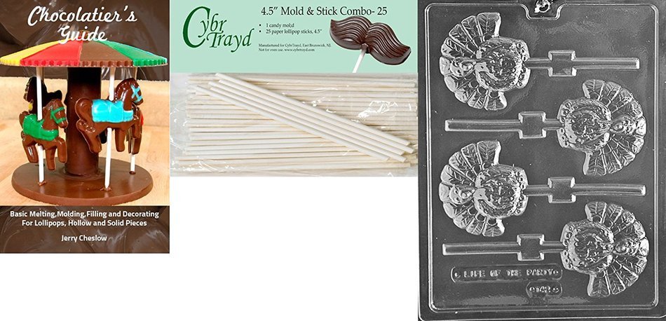 Cybrtrayd 45St25Bk-T042 'Turkey Lolly' Thanksgiving Chocolate Candy Mold with 25 4.5-Inch Lollipop Sticks and...
