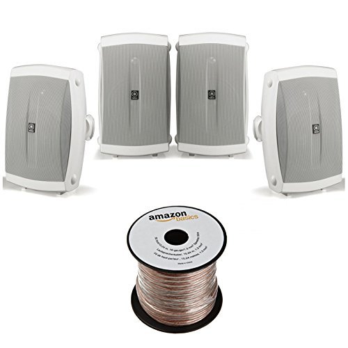 Yamaha NS-AW150WH 2-Way Outdoor Speakers - White (4 Speakers + AmazonBasics Speaker Wire) N4