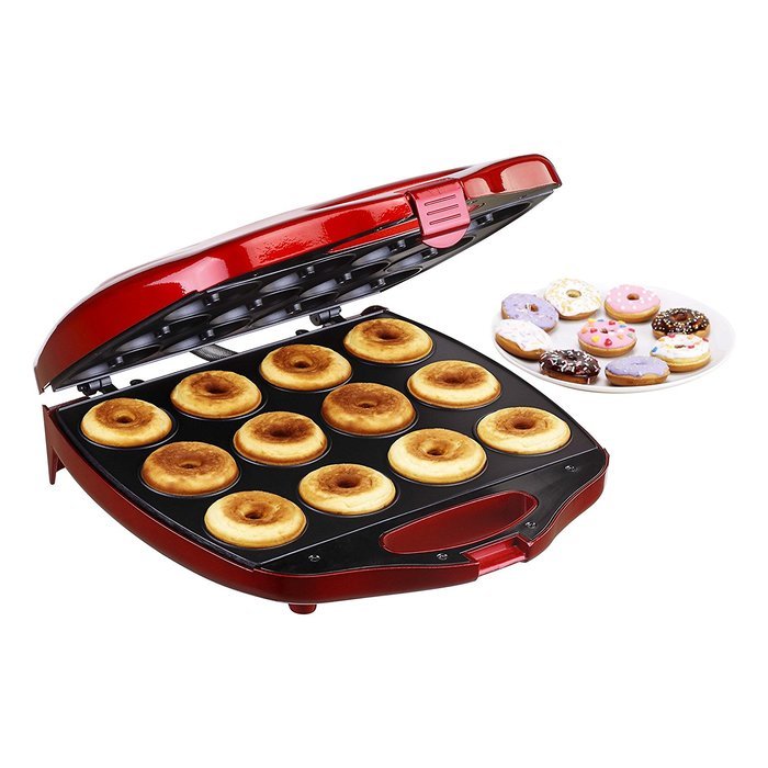 VonShef Deluxe 12 Hole Electric Mini Donut Maker Snack Machine, Red N4