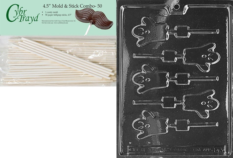 Cybrtrayd 45St50-H043 Small Ghost Lolly Halloween Chocolate Candy Mold with 50 4.5-Inch Lollipop Sticks