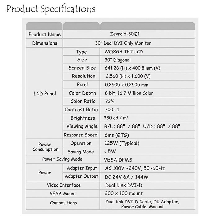 Zalcom Zevroid-30Q1 LCD Monitor 30" 2560x1600 Zero Bright Dot N3
