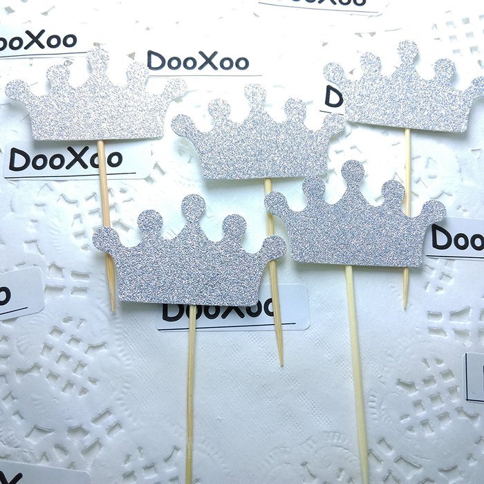 DOOXOO crown cupcake toppers, Silver glitter crowns, princess party decorations, prince birthday baby shower N4