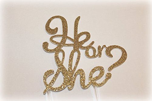 Handmade Gender Reveal Cake Topper Decoration - He or She - Made in USA with Double Sided Gold Glitter Stock N2