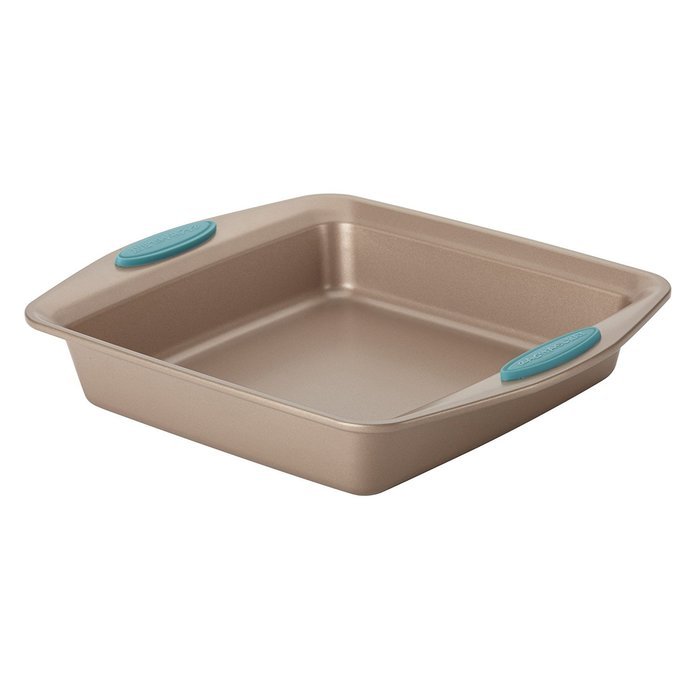 Rachael Ray Cucina Bakeware 9-Inch Square Cake Pan, Latte Brown with Agave Blue Handles N2