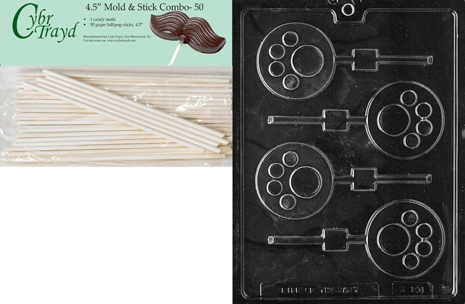 Cybrtrayd 45St50-K106 Paw Print Lolly Kids Chocolate Candy Mold with 50 Cybrtrayd 4.5-Inch Lollipop Sticks