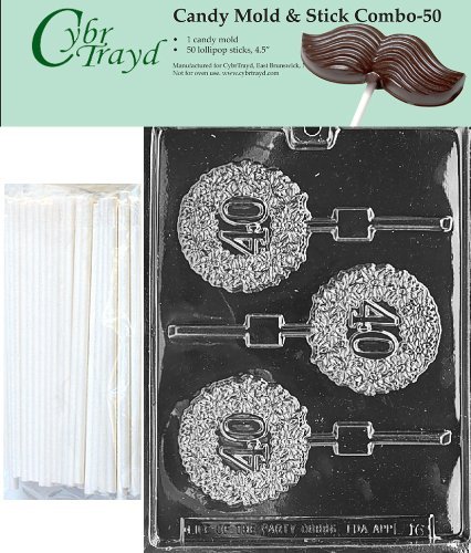 Cybrtrayd 45St50-L016 40th Lolly Chocolate Candy Mold with 50 Cybrtrayd 4.5" Lollipop Sticks
