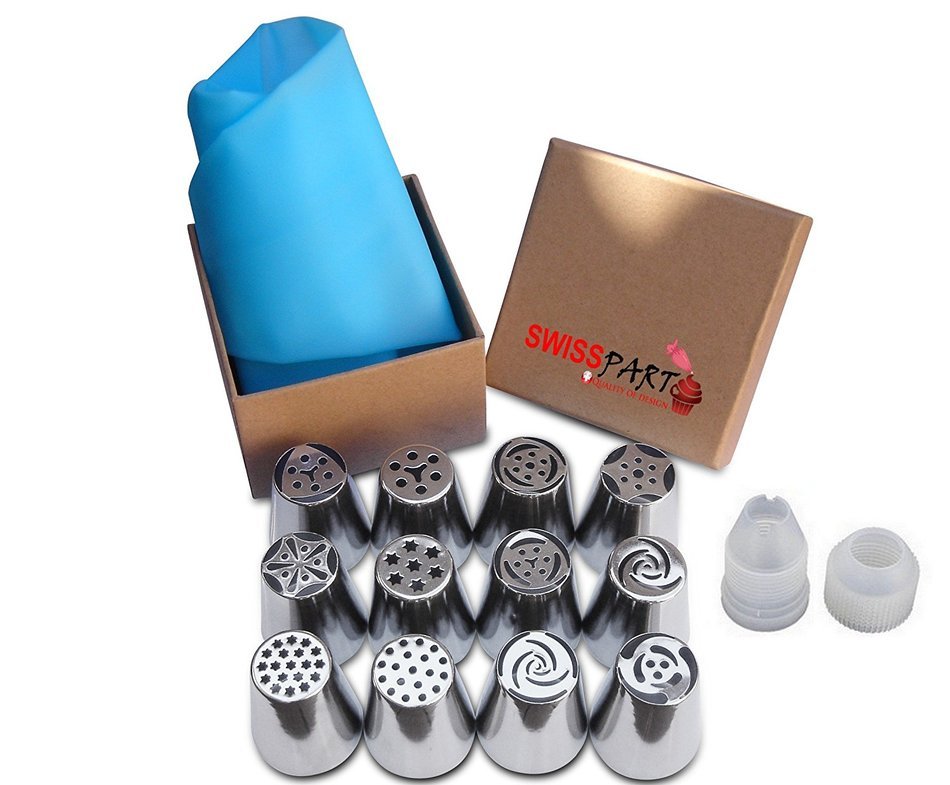 SWISS PART 12pcs Stainless Steel Russian Cake Decorating Icing Tips Kit Extra Large Pastry Piping Nozzles and... N3