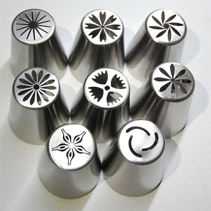 Russian Piping Tips - Stainless Steel Large Size Pastry Cake Decorating Icing Nozzles 8pc Set. N2