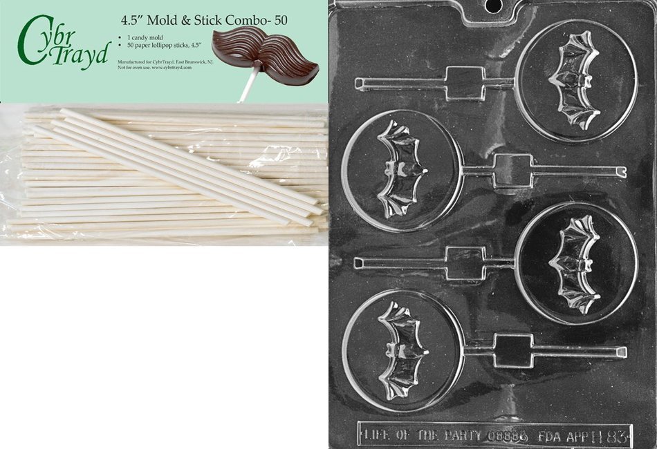 Cybrtrayd 45St50-H083 Bat on Moon Lolly Halloween Chocolate Candy Mold with 50 4.5-Inch Lollipop Sticks