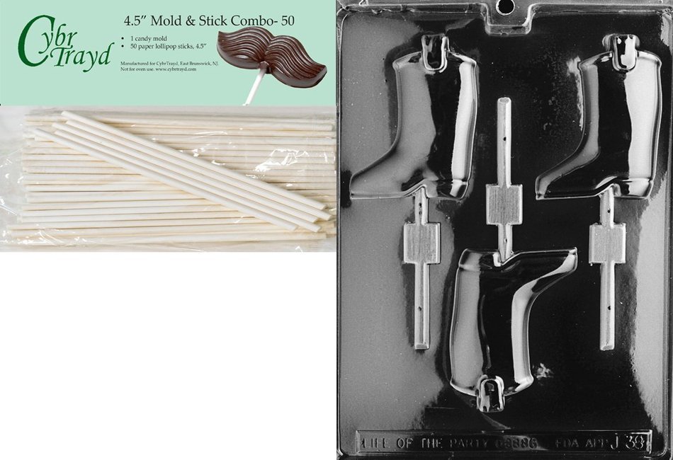 Cybrtrayd 45St25-J038 Boot Lolly Jobs Chocolate Candy Mold with 25 Lollipop Sticks, 4.5-Inch N9