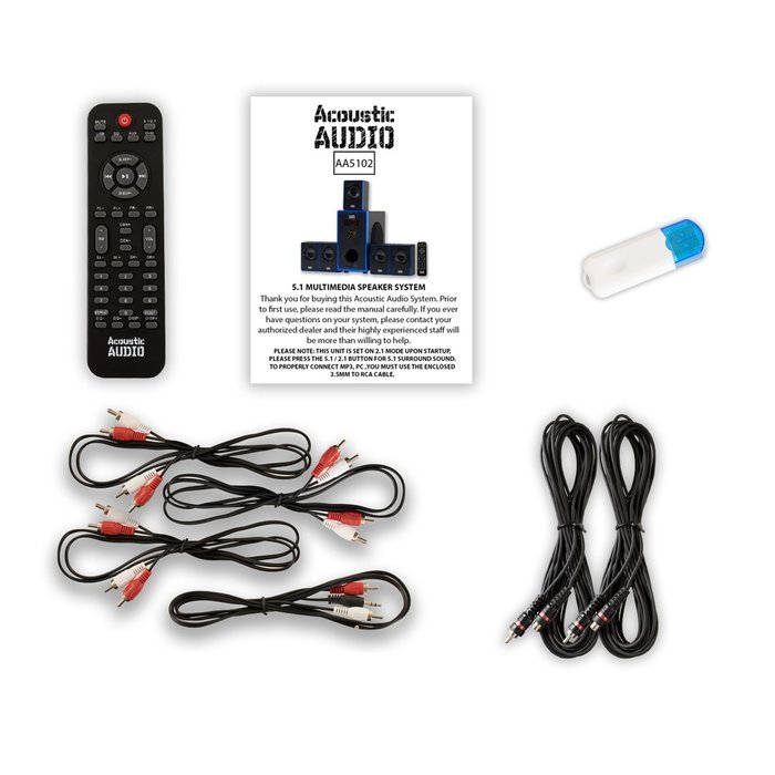 Acoustic Audio AA5102 Home Theater 5.1 Speaker System with USB Bluetooth and 2 Extension Cables