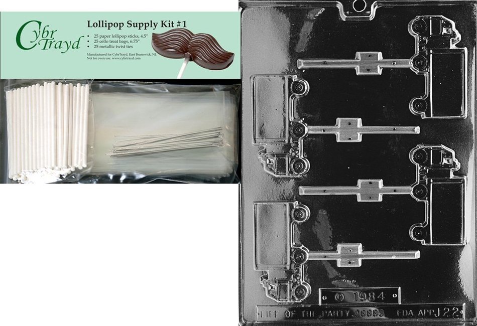 Cybrtrayd 45St50-J022 Truck Lolly Jobs Chocolate Candy Mold with 50 Lollipop Sticks, 4.5-Inch N9