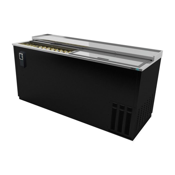 Bottle Cooler, 65‐1/2", (2) sliding lids, (890) 12 oz can or (360) 12 oz bottle capacity, analog thermostat, Asber...