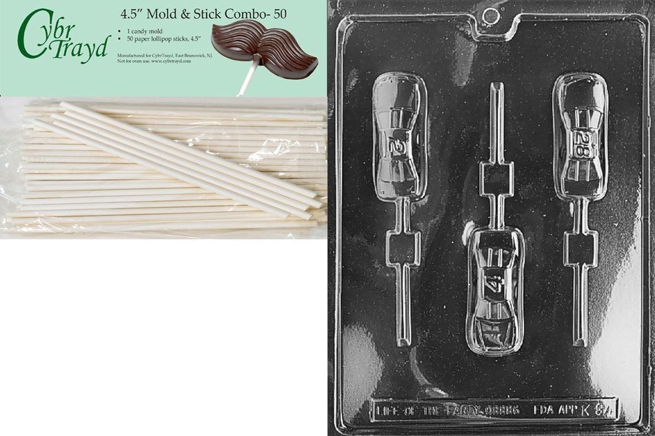 Cybrtrayd 45St50-K084 Sports Car Pop Kids Chocolate Candy Mold with 50 Cybrtrayd 4.5-Inch Lollipop Sticks