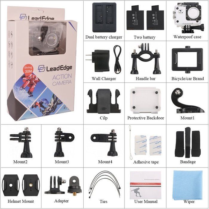LeadEdge LE7000 Action Camera FHD 1080P 2.0 Inch Sport Waterproof With 1 Extra Battery And 1 Dual Battery Charger... N7