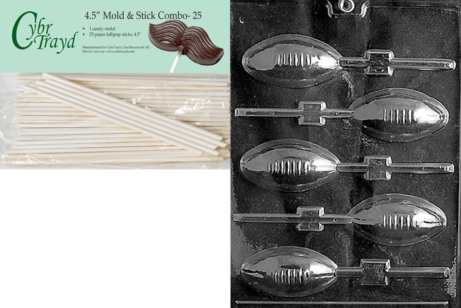 Cybrtrayd 45St25-S026 Football Lolly Sports Chocolate Candy Mold with 25-Pack 4.5-Inch Lollipop Sticks