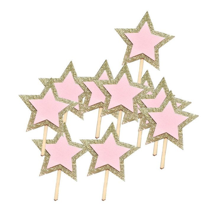 12 Pieces Fantastic Pink Golden Glitter Stars Cupcake Cake Toppers With Sticks Birthday Baby Shower Wedding Party... N2