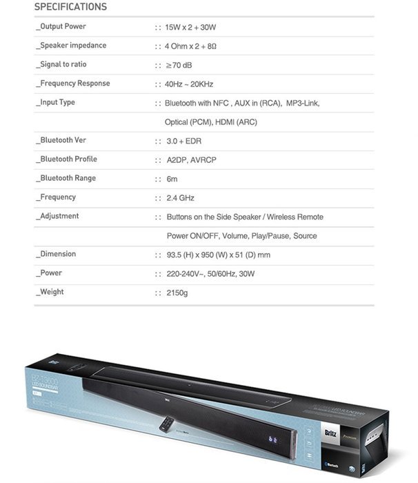 Britz BZ-T3600 Premium AV Sound Bar AV Soundbar 2nd Edition LED Sound Bar System for TV / NFC Bluetooth Speaker... N8