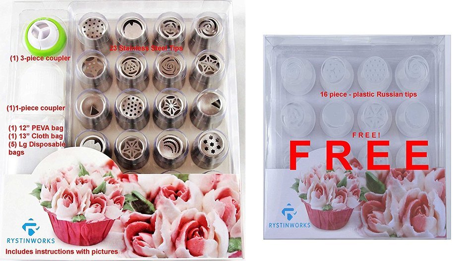 Rystinworks Russian Piping Pastry Tips - 23 Piece Set - Stainless Steel - With Instructions - Five bags Included... N5