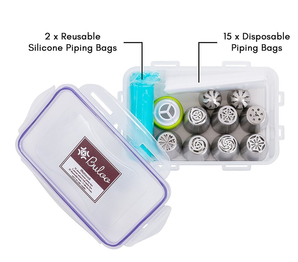Russian Piping Tips set of 52 PCS: BULOO Products 32 Pastry Nozzles+2 SPHERE BALL Nozzles+15 Pastry Bags+2 Silicone... N4
