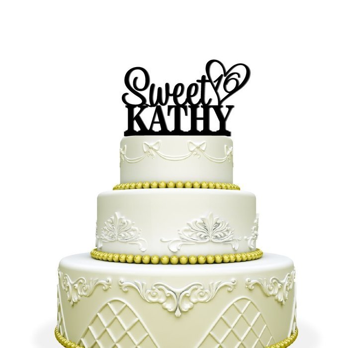 Personalized Sweet 16 Cake Topper with Heart For Birthday Glitter Gold N3