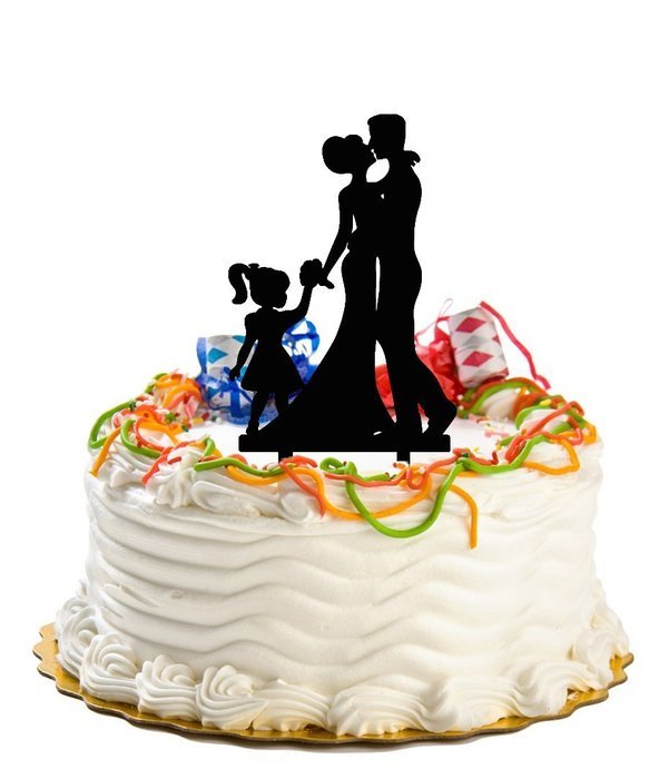 Ecape Acrylic Family Cake Toppers Wedding Cake Toppers Groom Kiss and Hug Bride with Little Girl Black Pack of 1 N16