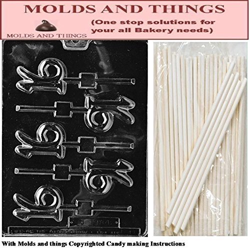 16 LOLLY numbers and letters Chocolate candy mold With Candy Making Instruction - set of 2 molds with 25 sticks