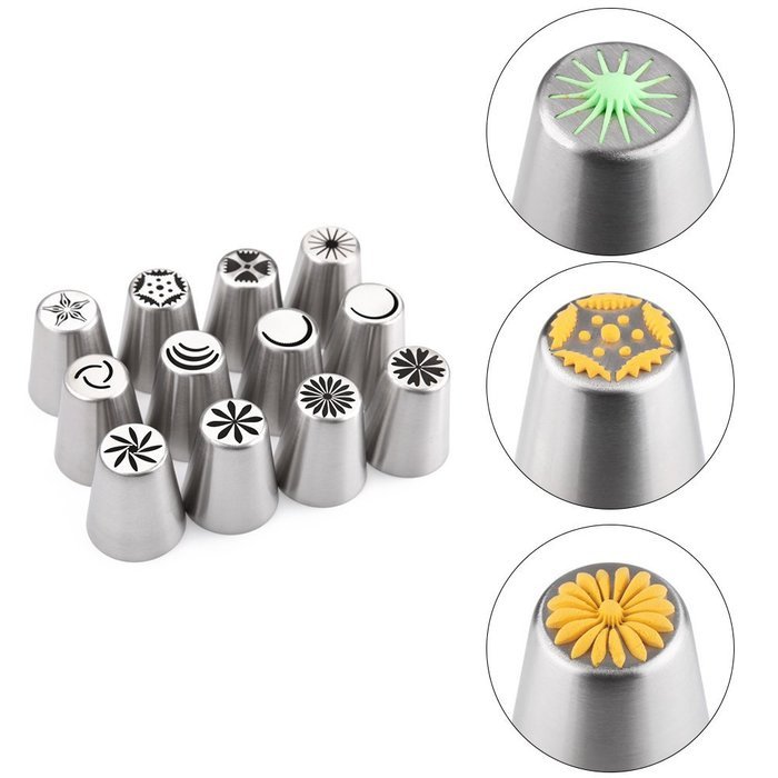 UTEN 12pcs Stainless Steel Russian Piping Nozzles Set DIY Pastry Icing Cake Decorating Tool (silver) N15