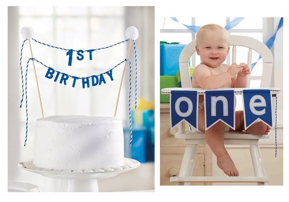 Mud Pie Boys First Birthday Cake Topper & Blue "One" High Chair Banner