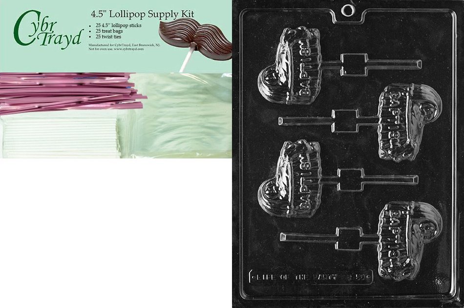 Cybrtrayd "Baptism Bassinet Lolly" Baby Chocolate Candy Mold with Lollipop Supply Bundle, Includes 25 Lollipop...